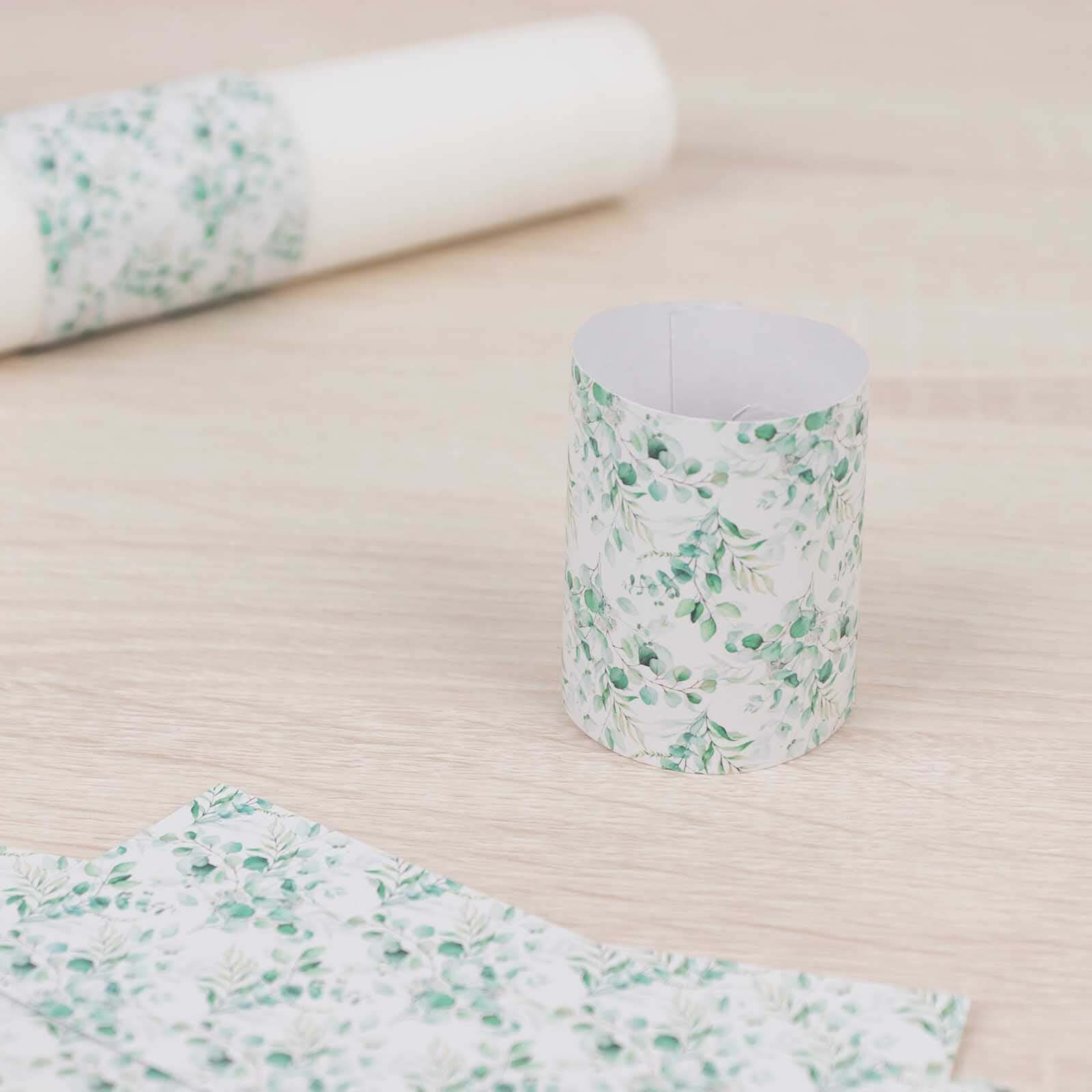 50 Pack White Green Paper Napkin Holder Bands with Eucalyptus Leaves, Disposable Napkin Rings - 1.5" - Bell Racket Store
