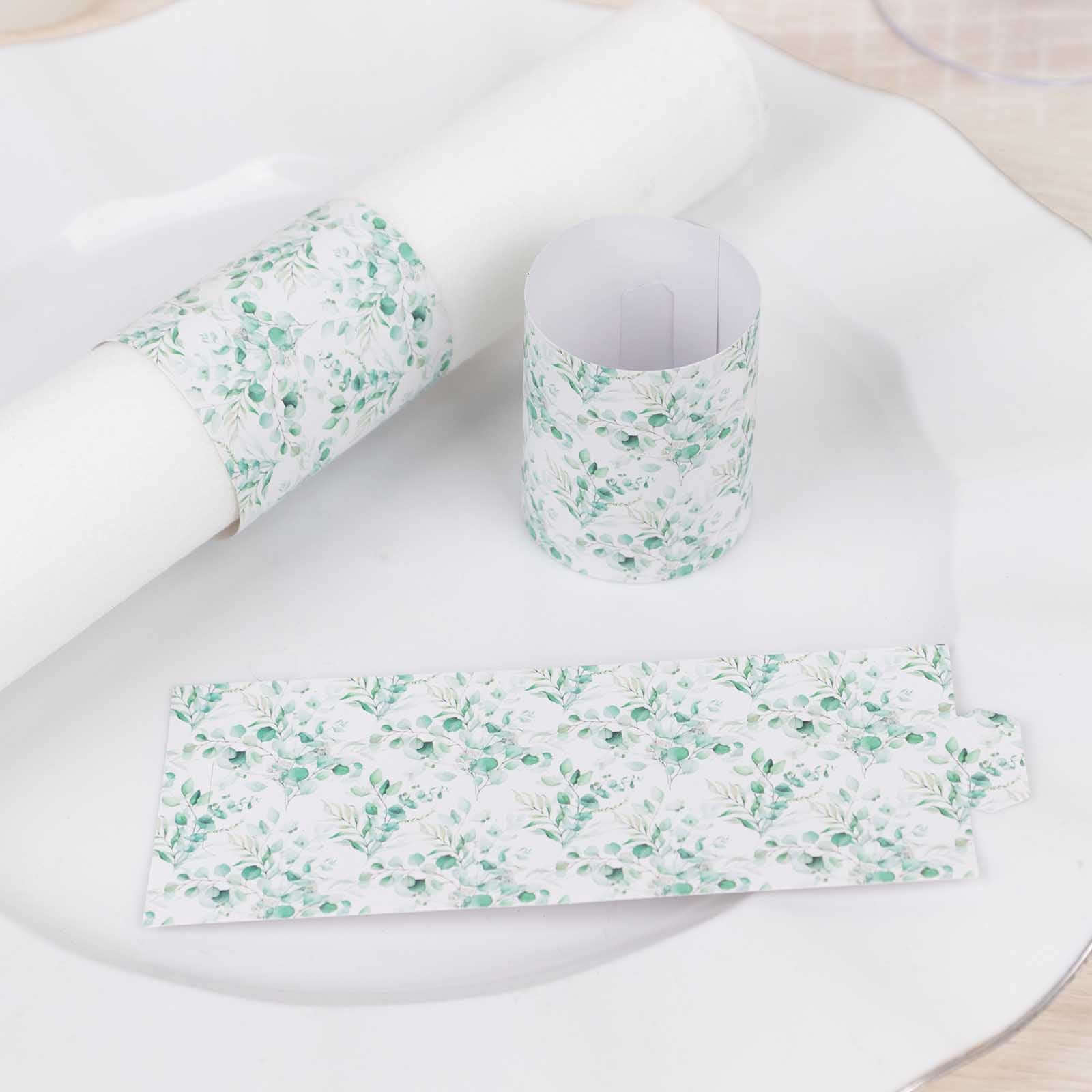 50 Pack White Green Paper Napkin Holder Bands with Eucalyptus Leaves, Disposable Napkin Rings - 1.5" - Bell Racket Store