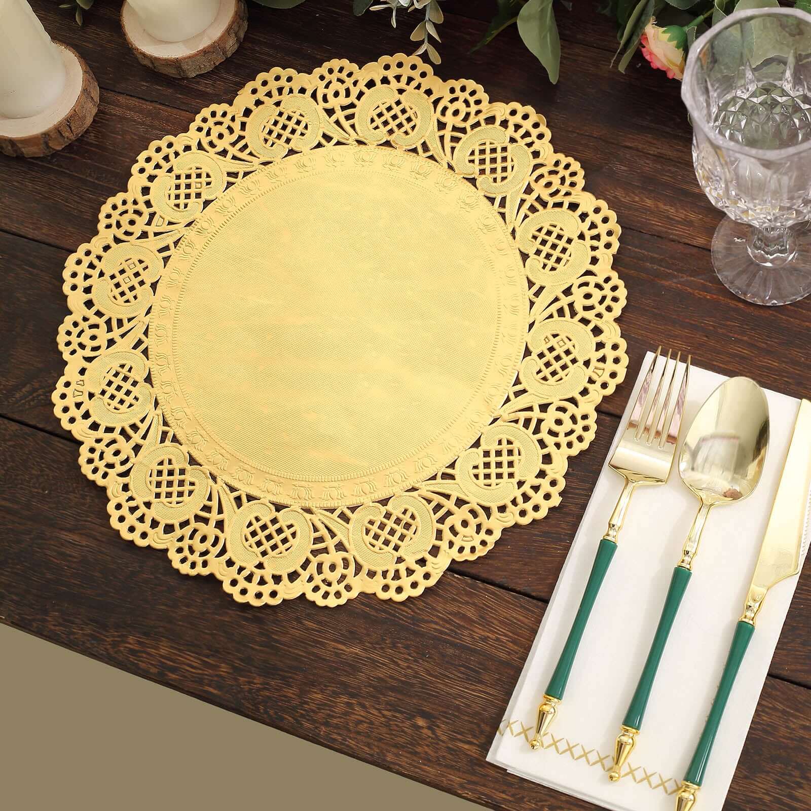 50 Pcs Paper 12" Round Placemats in Gold - Food Grade Lace Paper Doilies for Dessert Display & Table Decor - Bell Racket Store