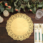 50 Pcs Paper 12" Round Placemats in Gold - Food Grade Lace Paper Doilies for Dessert Display & Table Decor - Bell Racket Store