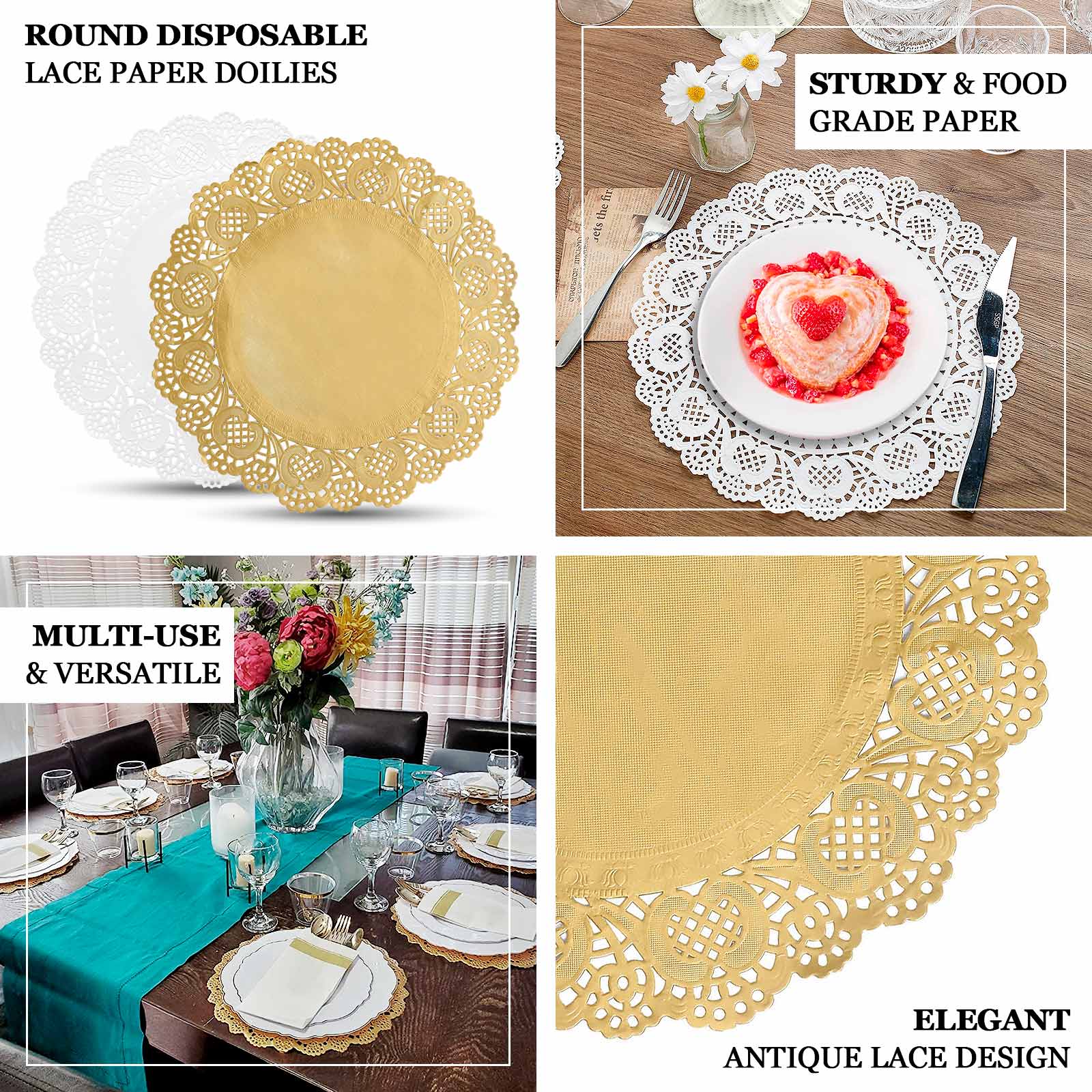 50 Pcs Paper 12" Round Placemats in Gold - Food Grade Lace Paper Doilies for Dessert Display & Table Decor - Bell Racket Store