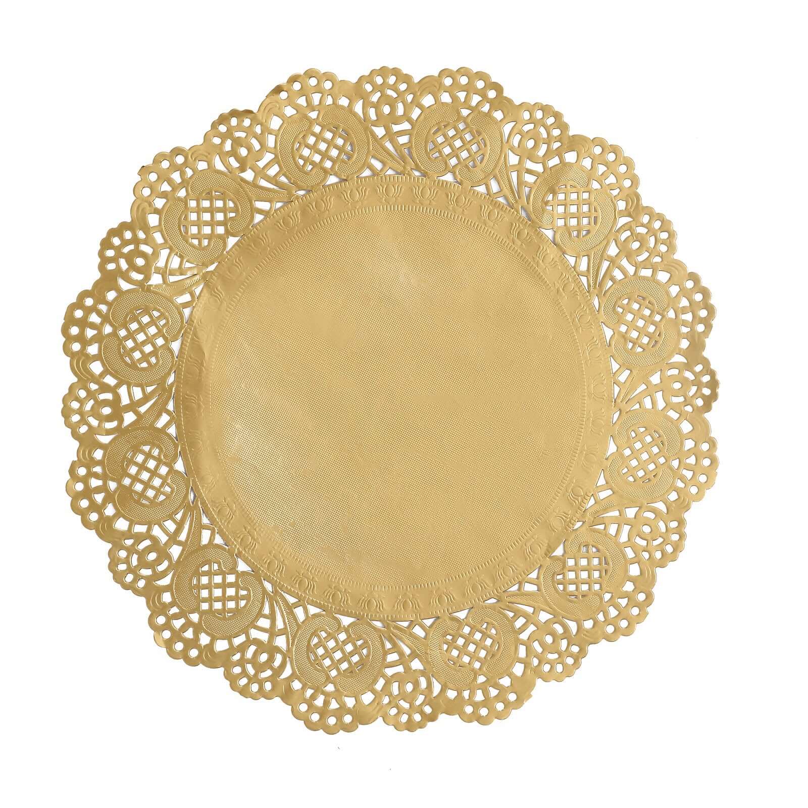 50 Pcs Paper 12" Round Placemats in Gold - Food Grade Lace Paper Doilies for Dessert Display & Table Decor - Bell Racket Store