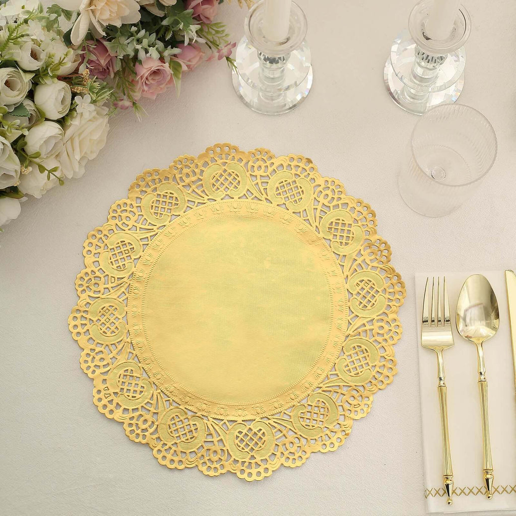 50 Pcs Paper 12" Round Placemats in Gold - Food Grade Lace Paper Doilies for Dessert Display & Table Decor - Bell Racket Store