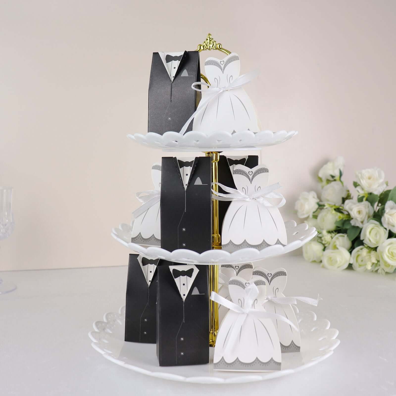 50 Pcs Set Wedding Dress and Tuxedo Shower Party Favor Candy Gift Boxes with Ribbon Ties - Bell Racket Store