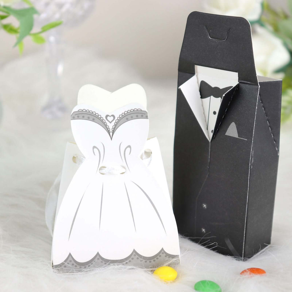 50 Pcs Set Wedding Dress and Tuxedo Shower Party Favor Candy Gift Boxes with Ribbon Ties - Bell Racket Store