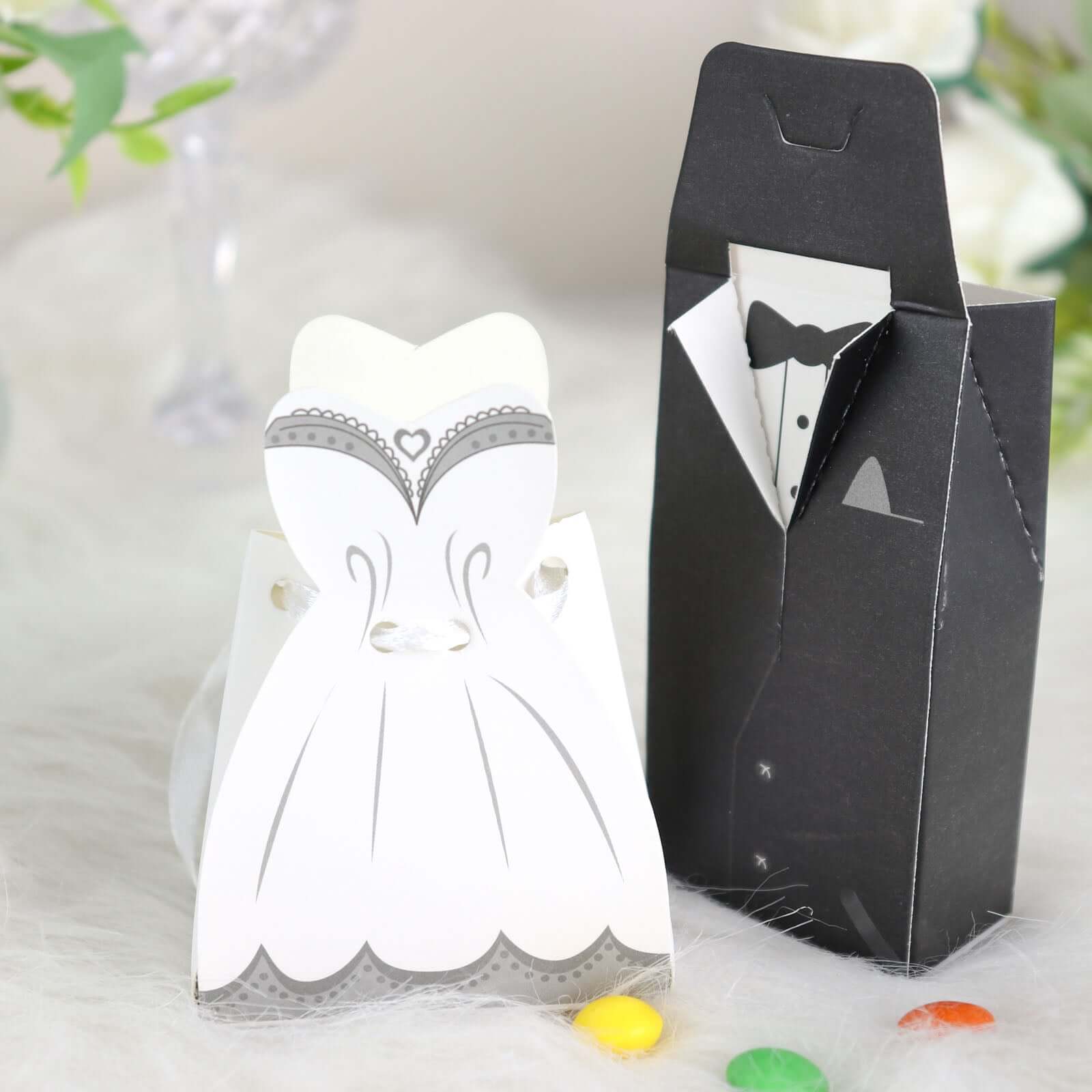 50 Pcs Set Wedding Dress and Tuxedo Shower Party Favor Candy Gift Boxes with Ribbon Ties - Bell Racket Store