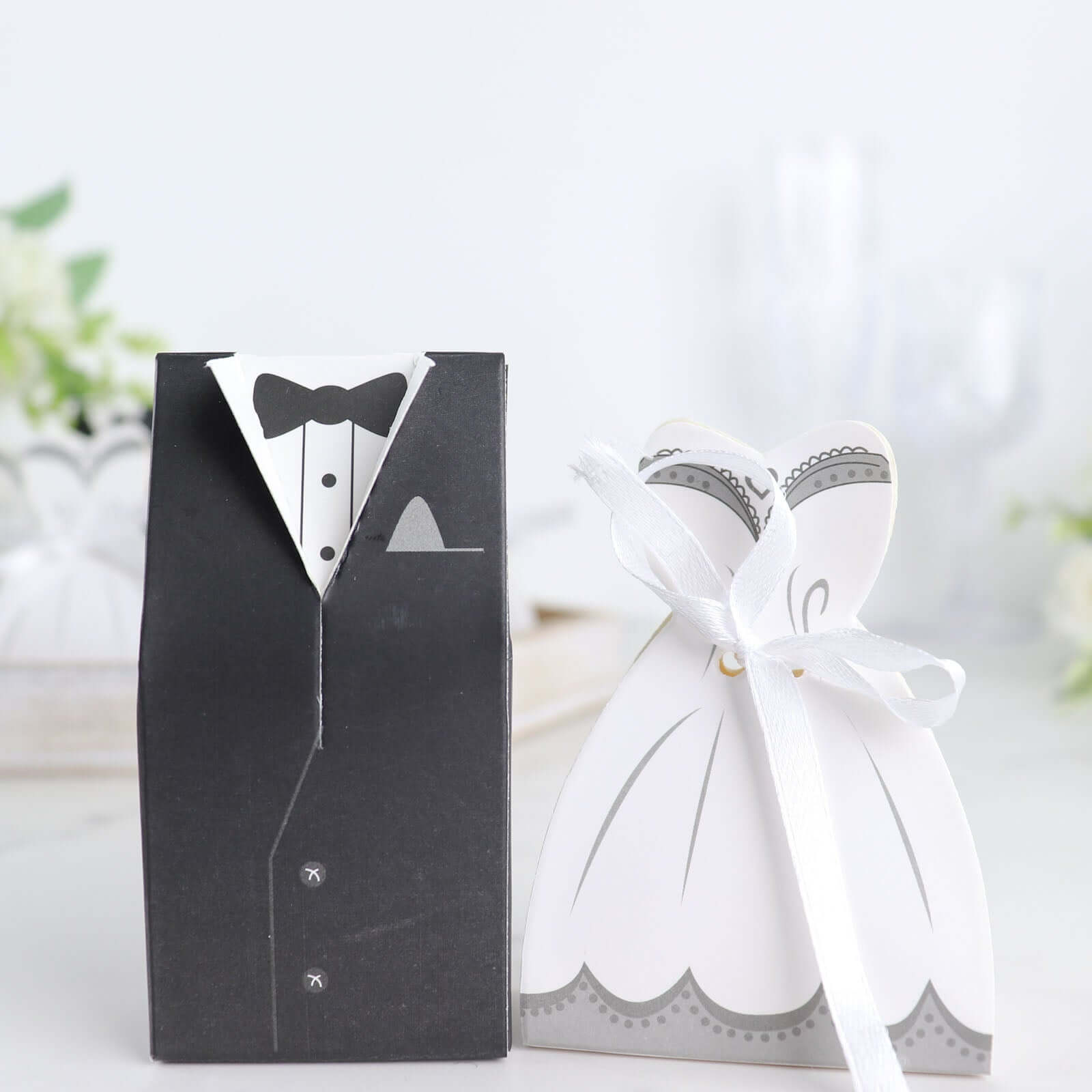 50 Pcs Set Wedding Dress and Tuxedo Shower Party Favor Candy Gift Boxes with Ribbon Ties - Bell Racket Store