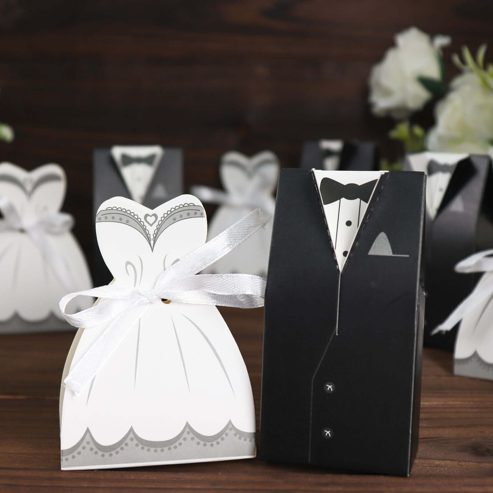 50 Pcs Set Wedding Dress and Tuxedo Shower Party Favor Candy Gift Boxes with Ribbon Ties - Bell Racket Store
