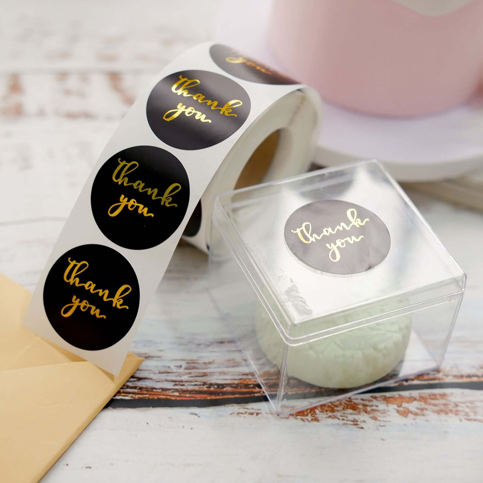 500Pcs 1.5" Thank You Gold Foil Text On Black Stickers Roll DÃ©cor Labels and Seals for DIY Envelope - Round