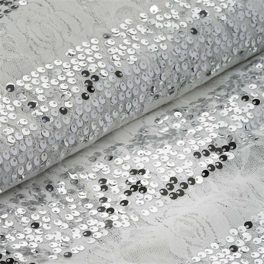 54"x4 Yards White With Silver Sequin Parallels Lace Fabric Bolt, DIY Craft Fabric Roll - NestOCart