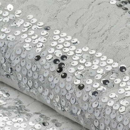 54"x4 Yards White With Silver Sequin Parallels Lace Fabric Bolt, DIY Craft Fabric Roll - NestOCart