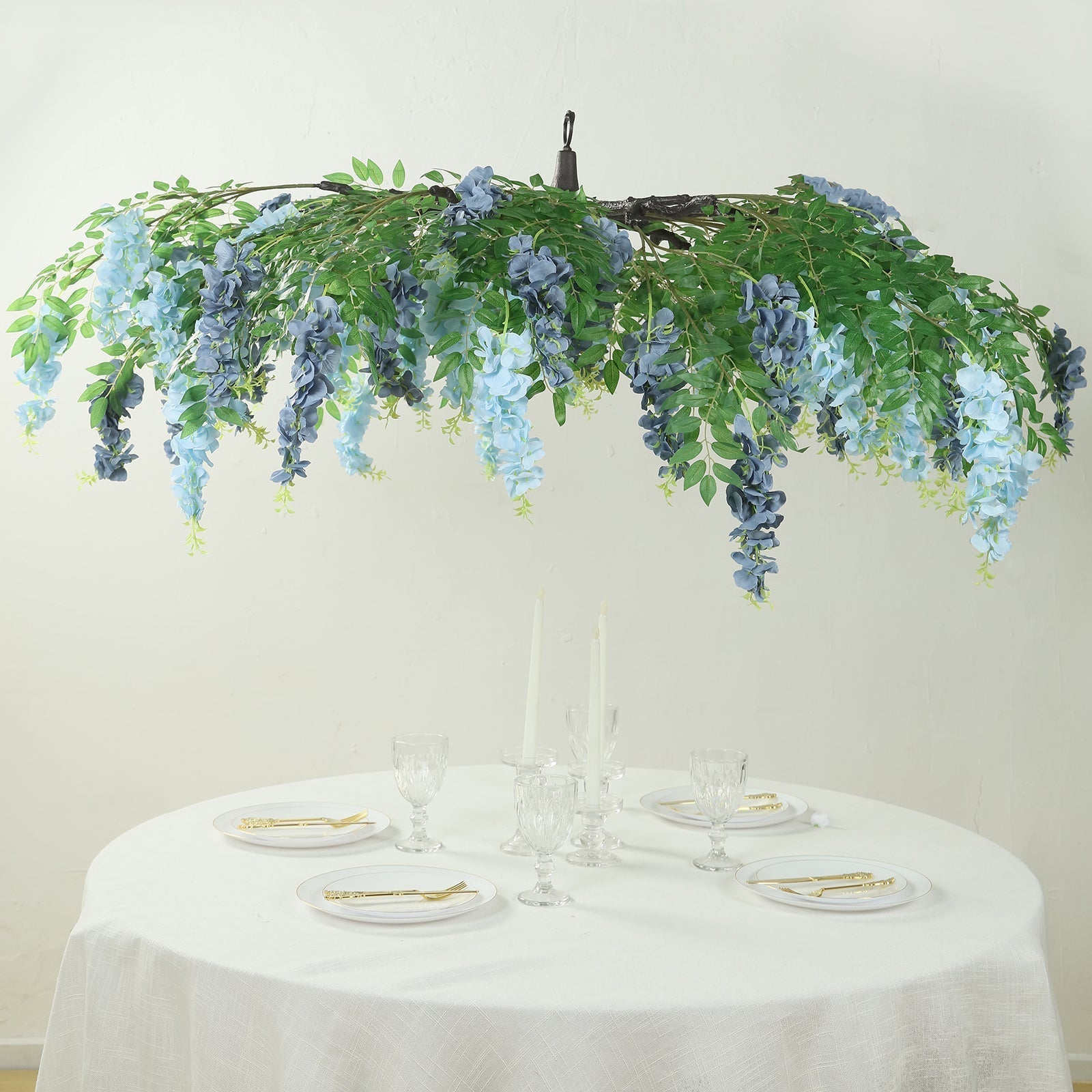 55" Artificial Silk Wisteria Vine Round Hanging Canopy in Dusty & Light Blue, Draping Garland Flower Chandelier With Interchangeable Branches - Bell Racket Store