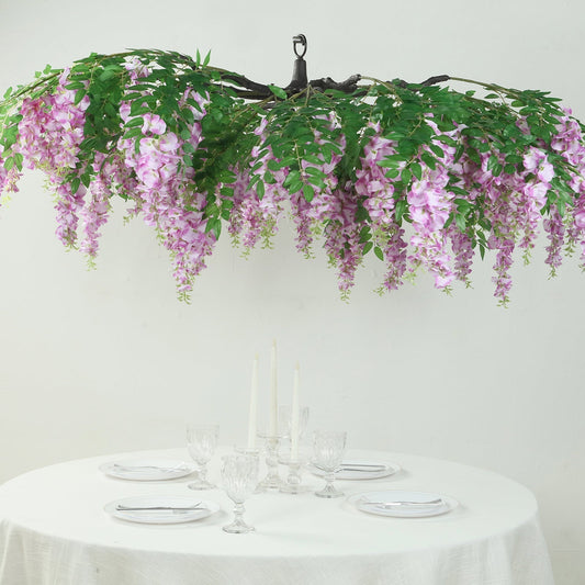 55" Artificial Silk Wisteria Vine Round Hanging Canopy in Lavender Lilac, Draping Garland Flower Chandelier With Interchangeable Branches - Bell Racket Store