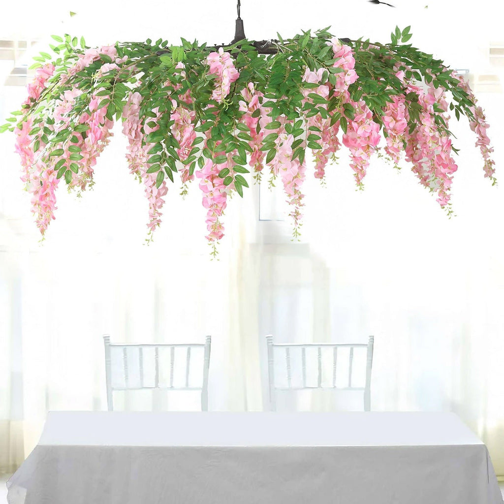 55" Artificial Silk Wisteria Vine Round Hanging Canopy Pink in & Dusty Rose, Draping Garland Flower Chandelier With Interchangeable Branches - Bell Racket Store