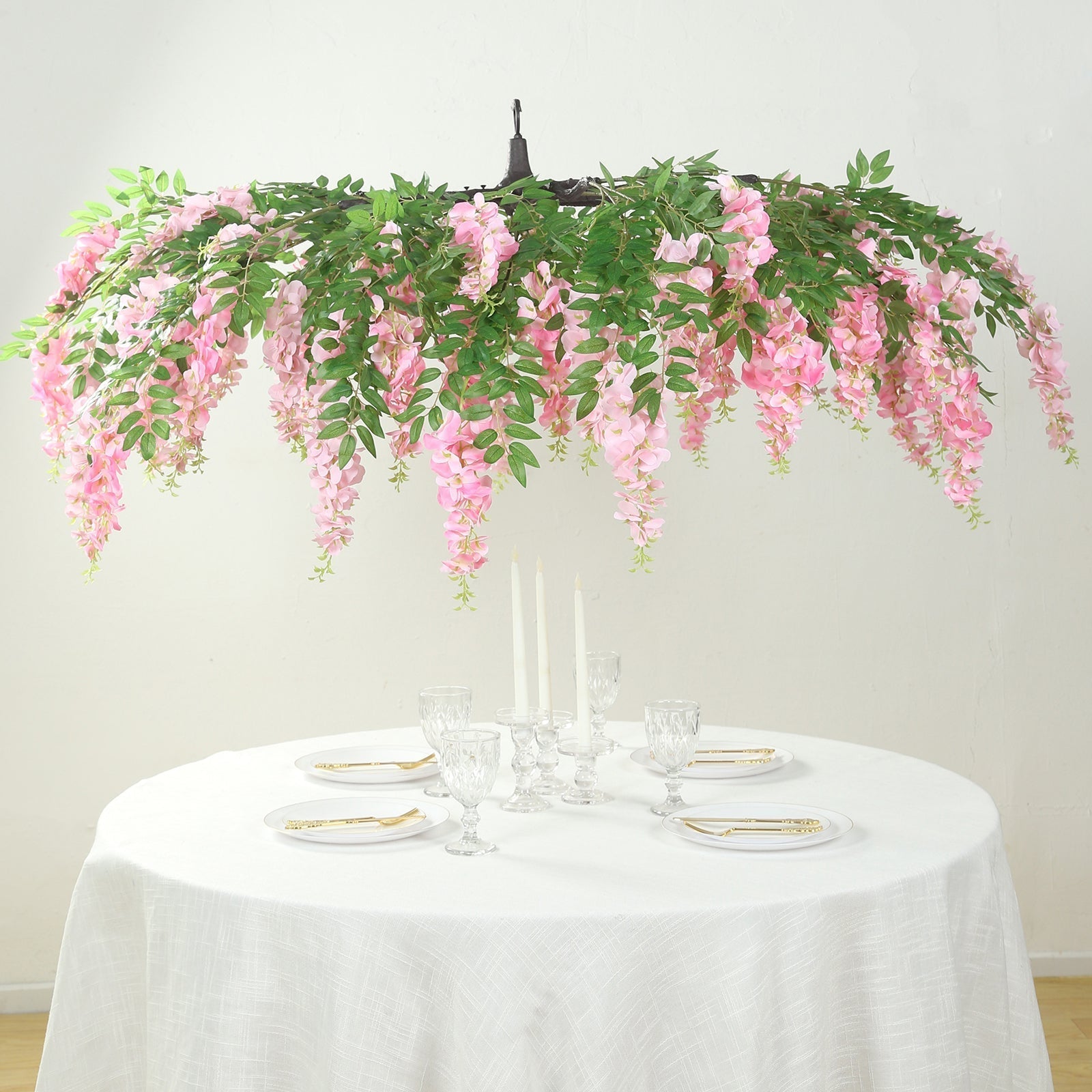 55" Artificial Silk Wisteria Vine Round Hanging Canopy Pink in & Dusty Rose, Draping Garland Flower Chandelier With Interchangeable Branches - Bell Racket Store