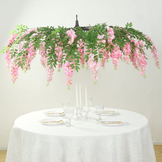 55" Artificial Silk Wisteria Vine Round Hanging Canopy Pink in & Dusty Rose, Draping Garland Flower Chandelier With Interchangeable Branches - Bell Racket Store