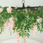 55" Blush Artificial Silk Wisteria Vine Round Hanging Canopy, Draping Garland Flower Chandelier With Interchangeable Branches - Bell Racket Store