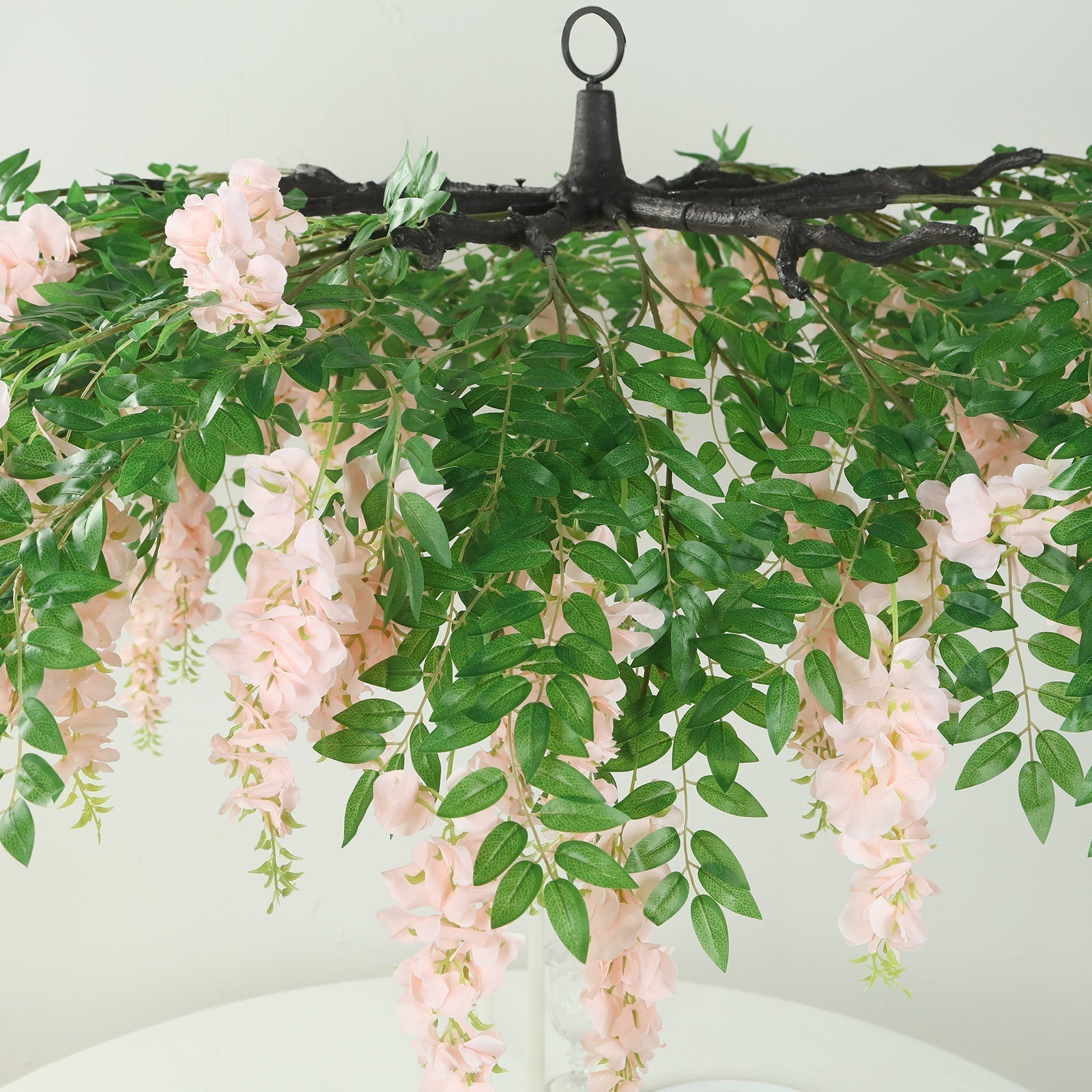55" Blush Artificial Silk Wisteria Vine Round Hanging Canopy, Draping Garland Flower Chandelier With Interchangeable Branches - Bell Racket Store