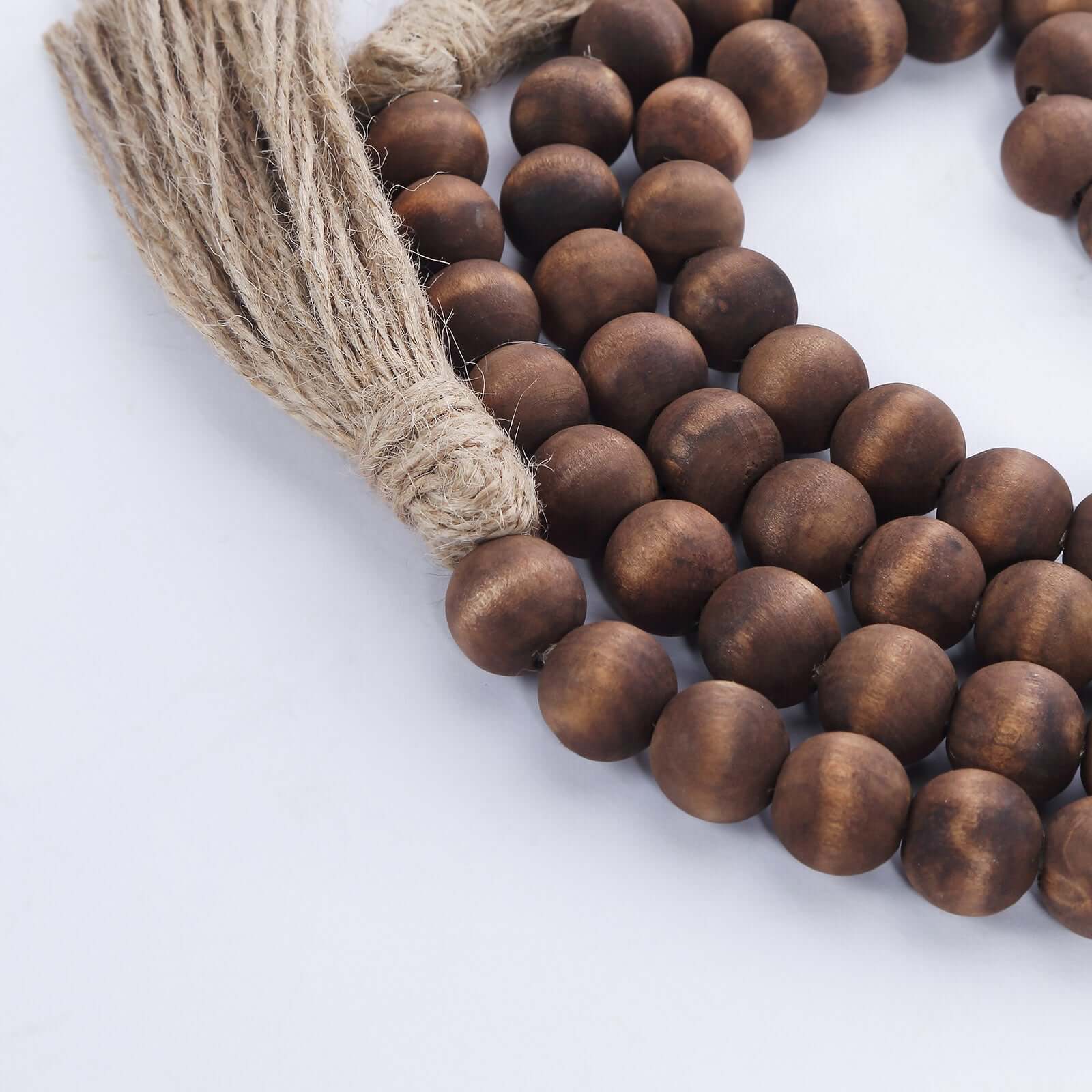 55" Brown Rustic Boho Chic Wood Bead Garland With Tassels, Farmhouse Country Wood Bead Chain - Bell Racket Store