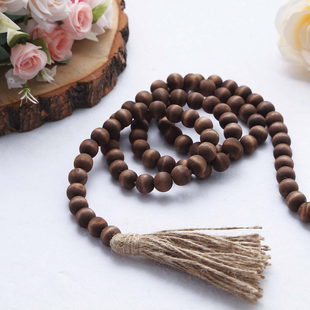 55" Brown Rustic Boho Chic Wood Bead Garland With Tassels, Farmhouse Country Wood Bead Chain - Bell Racket Store