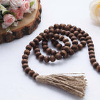 55" Brown Rustic Boho Chic Wood Bead Garland With Tassels, Farmhouse Country Wood Bead Chain - Bell Racket Store
