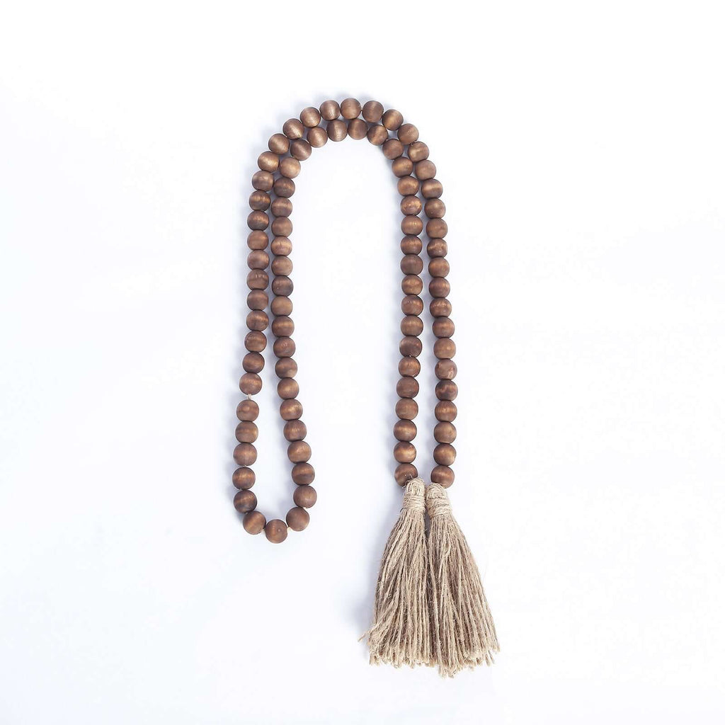 55" Brown Rustic Boho Chic Wood Bead Garland With Tassels, Farmhouse Country Wood Bead Chain - Bell Racket Store