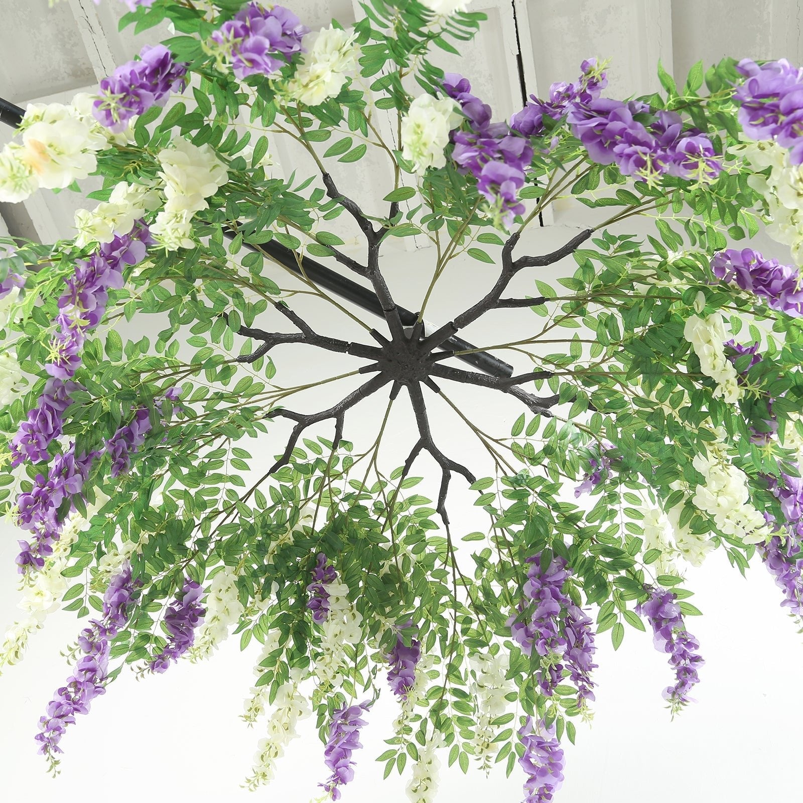 55" Cream Purple Artificial Silk Wisteria Vine Round Hanging Canopy, Draping Garland Flower Chandelier With Interchangeable Branches - Bell Racket Store