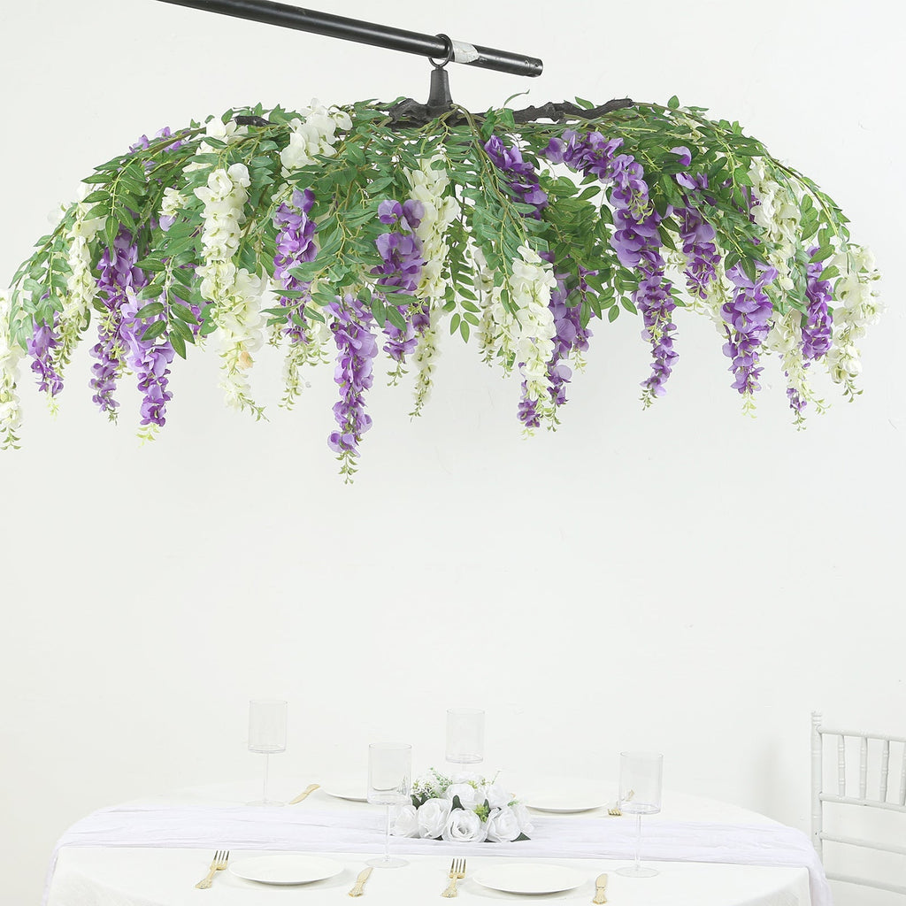 55" Cream Purple Artificial Silk Wisteria Vine Round Hanging Canopy, Draping Garland Flower Chandelier With Interchangeable Branches - Bell Racket Store
