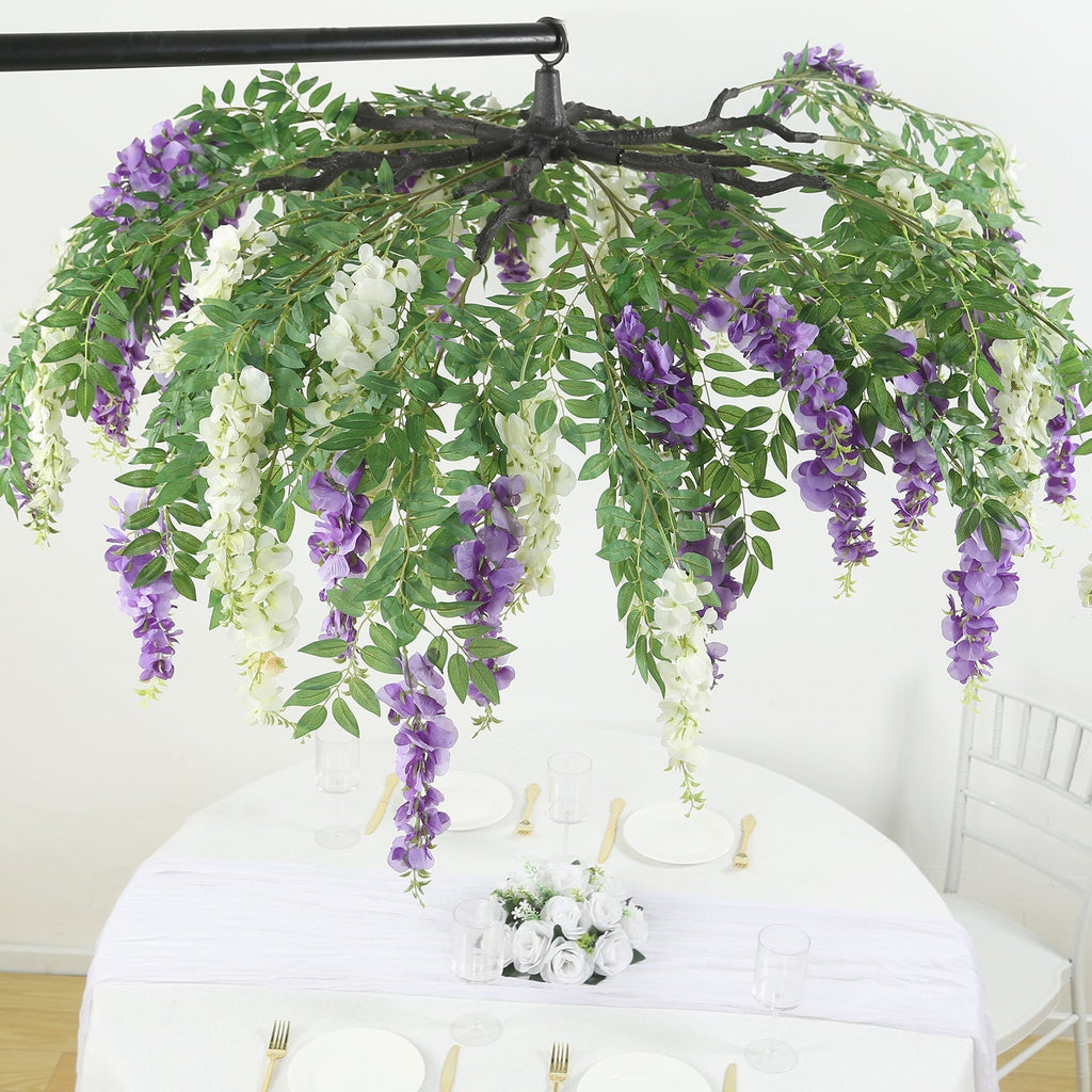 55" Cream Purple Artificial Silk Wisteria Vine Round Hanging Canopy, Draping Garland Flower Chandelier With Interchangeable Branches - Bell Racket Store