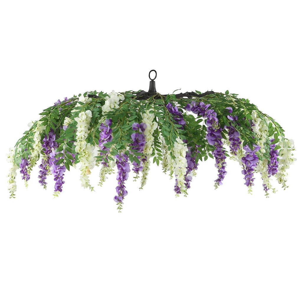 55" Cream Purple Artificial Silk Wisteria Vine Round Hanging Canopy, Draping Garland Flower Chandelier With Interchangeable Branches - Bell Racket Store