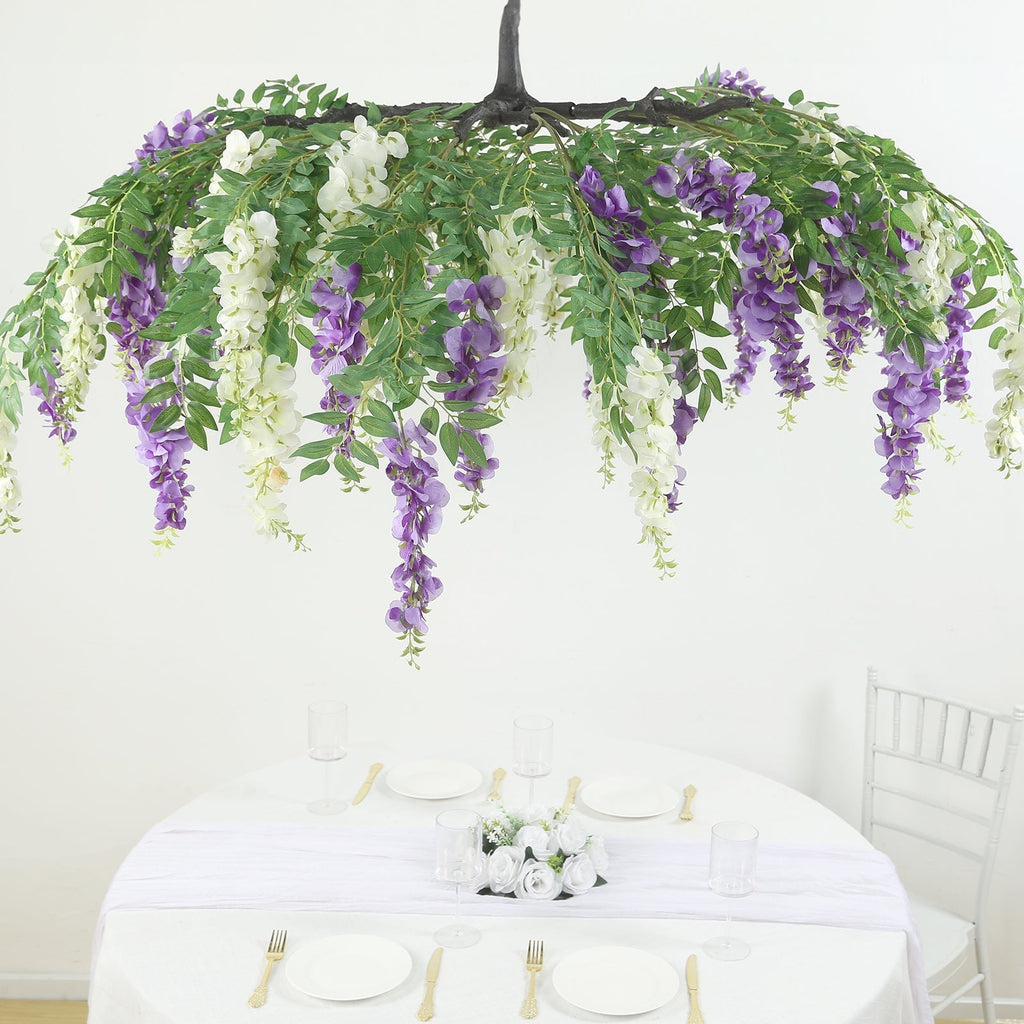 55" Cream Purple Artificial Silk Wisteria Vine Round Hanging Canopy, Draping Garland Flower Chandelier With Interchangeable Branches - Bell Racket Store