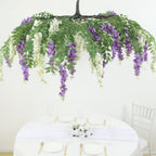 55" Cream Purple Artificial Silk Wisteria Vine Round Hanging Canopy, Draping Garland Flower Chandelier With Interchangeable Branches - Bell Racket Store