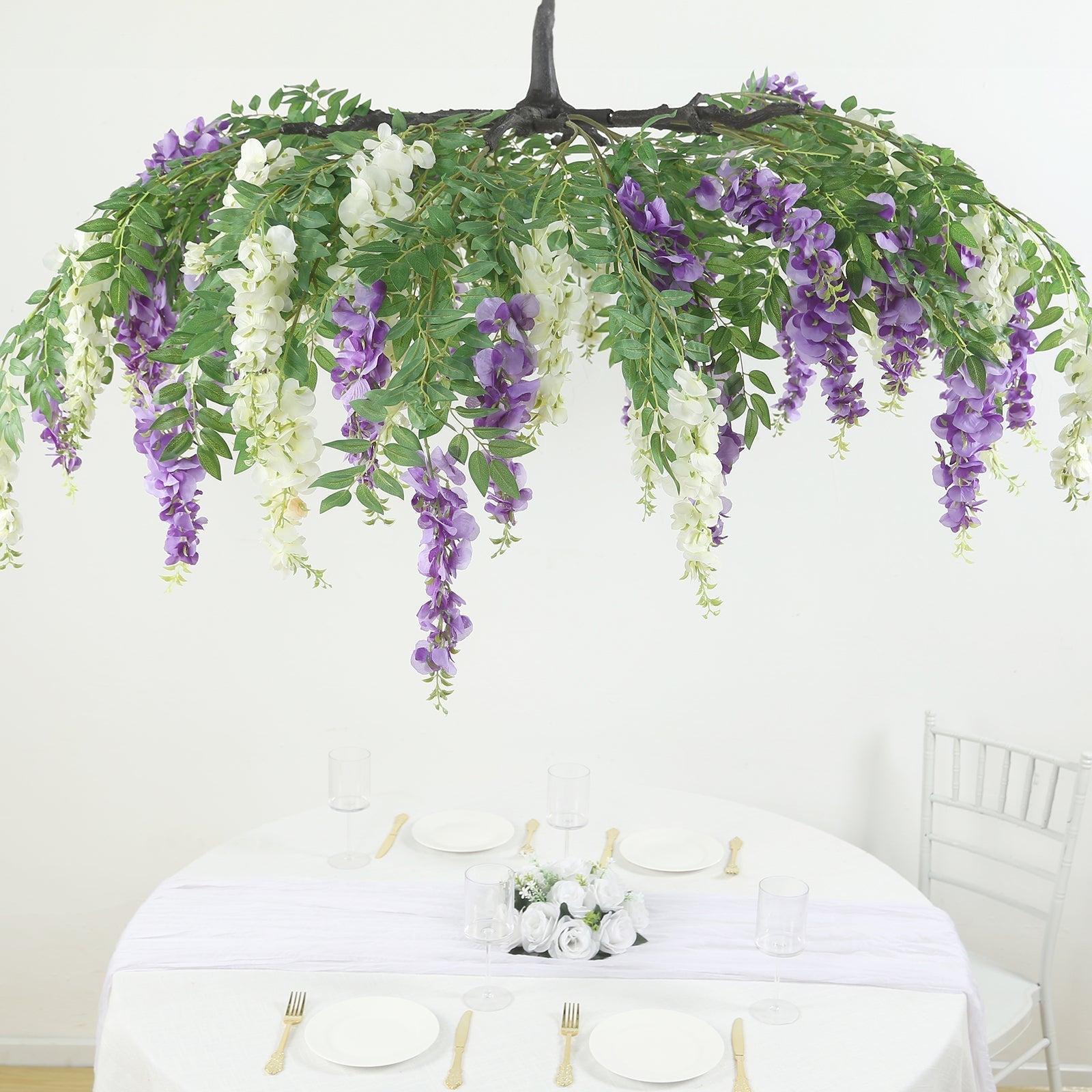 55" Cream Purple Artificial Silk Wisteria Vine Round Hanging Canopy, Draping Garland Flower Chandelier With Interchangeable Branches - Bell Racket Store