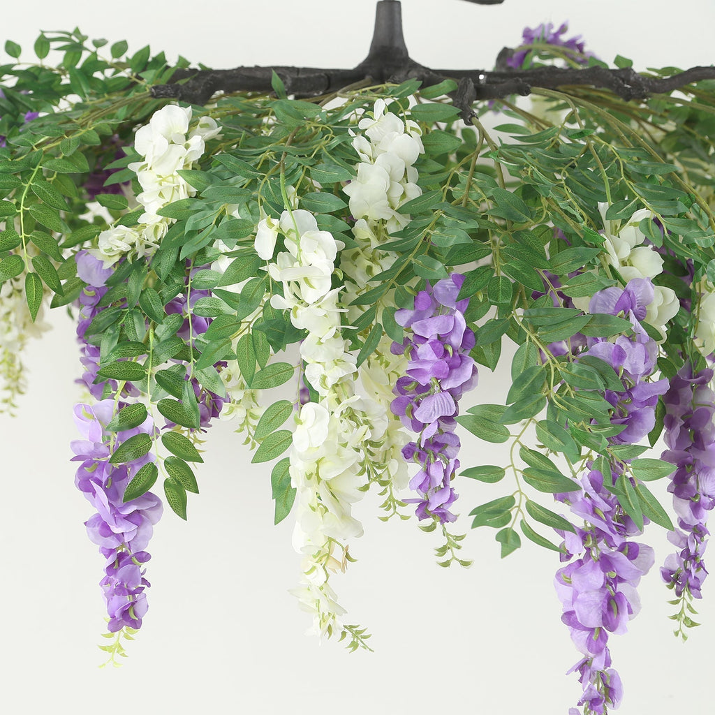 55" Cream Purple Artificial Silk Wisteria Vine Round Hanging Canopy, Draping Garland Flower Chandelier With Interchangeable Branches - Bell Racket Store