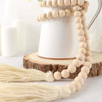 55" Cream Rustic Boho Chic Wood Bead Garland With Tassels, Farmhouse Country Wood Bead Chain - Bell Racket Store