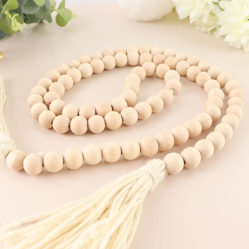 55" Cream Rustic Boho Chic Wood Bead Garland With Tassels, Farmhouse Country Wood Bead Chain - Bell Racket Store