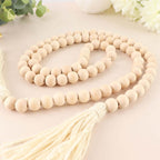55" Cream Rustic Boho Chic Wood Bead Garland With Tassels, Farmhouse Country Wood Bead Chain - Bell Racket Store
