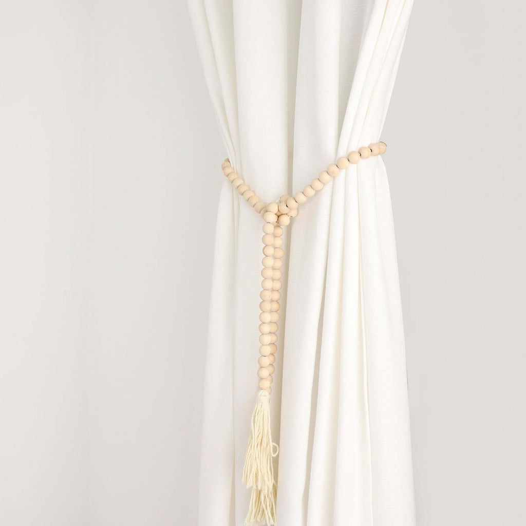 55" Cream Rustic Boho Chic Wood Bead Garland With Tassels, Farmhouse Country Wood Bead Chain - Bell Racket Store