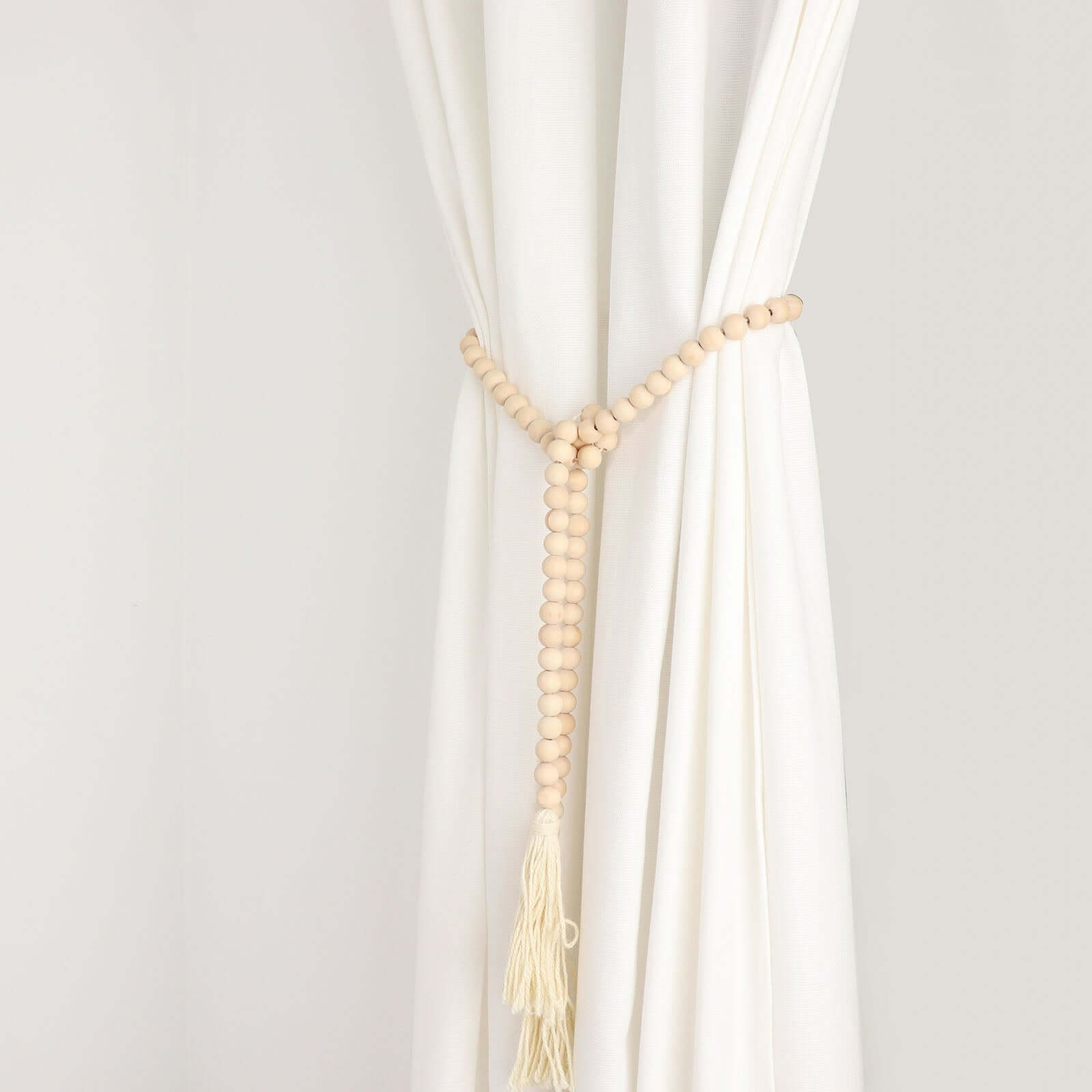 55" Cream Rustic Boho Chic Wood Bead Garland With Tassels, Farmhouse Country Wood Bead Chain - Bell Racket Store