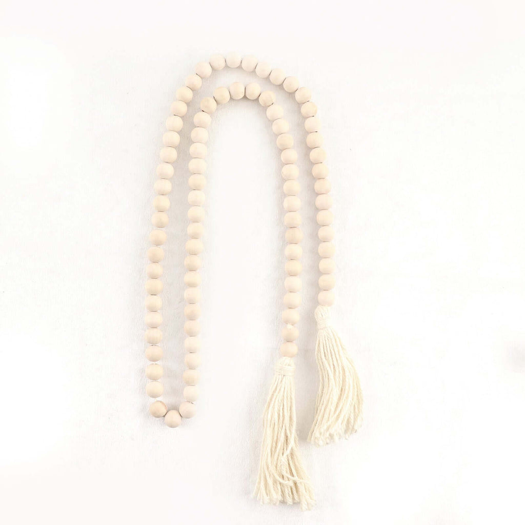 55" Cream Rustic Boho Chic Wood Bead Garland With Tassels, Farmhouse Country Wood Bead Chain - Bell Racket Store