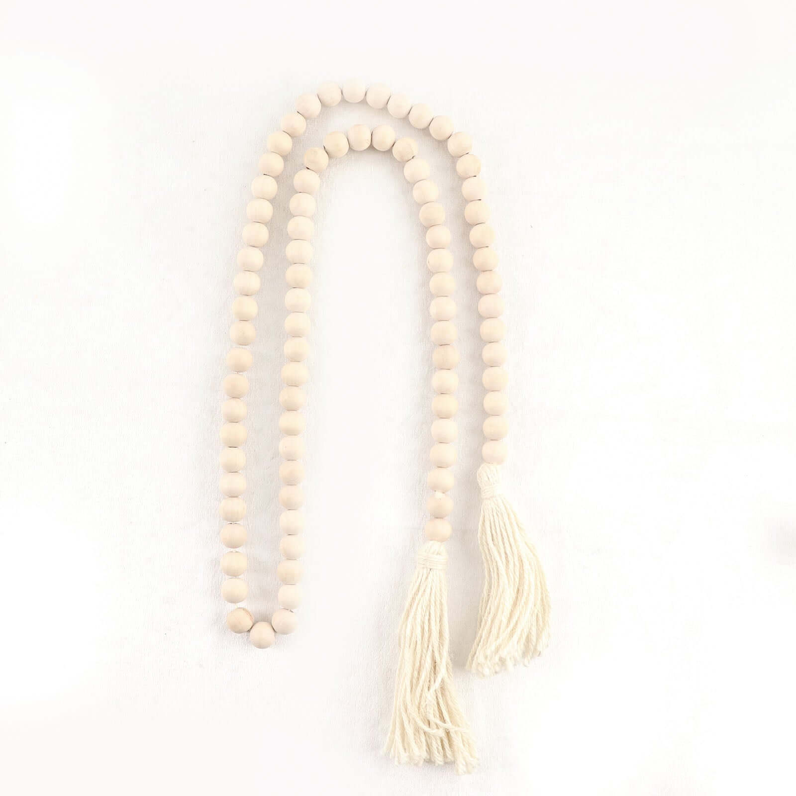 55" Cream Rustic Boho Chic Wood Bead Garland With Tassels, Farmhouse Country Wood Bead Chain - Bell Racket Store