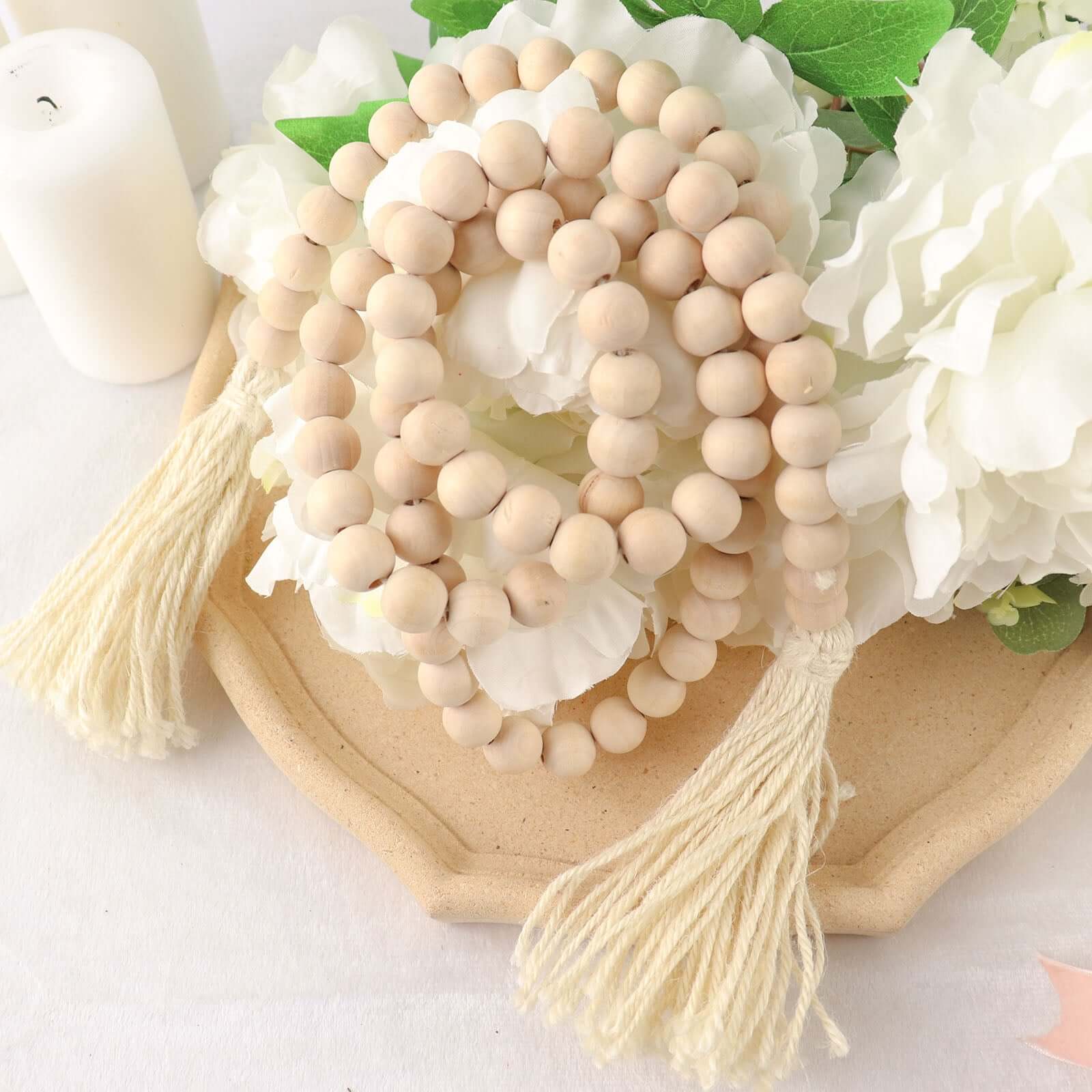55" Cream Rustic Boho Chic Wood Bead Garland With Tassels, Farmhouse Country Wood Bead Chain - Bell Racket Store