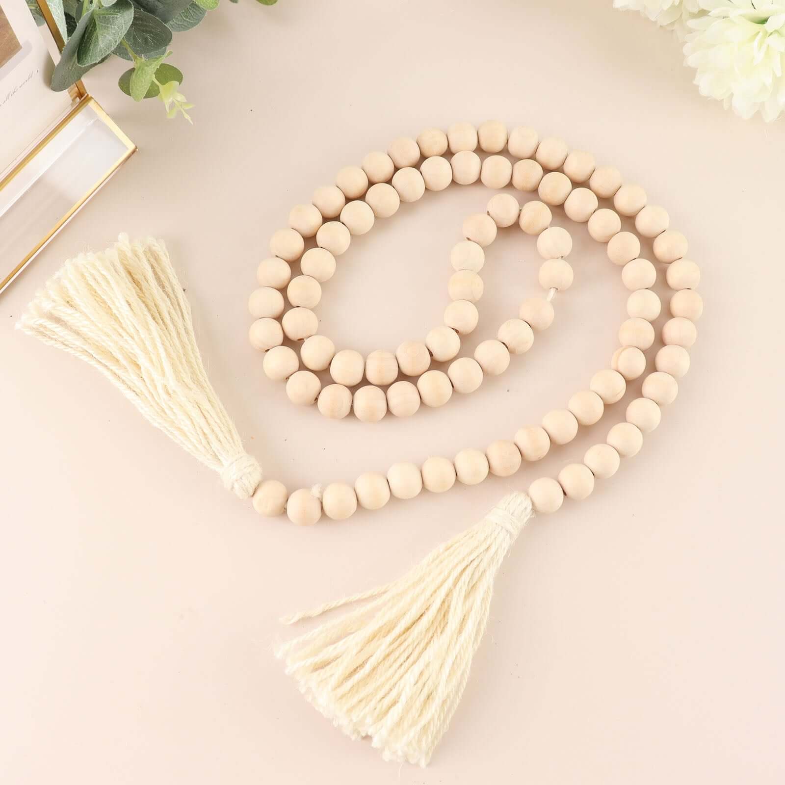 55" Cream Rustic Boho Chic Wood Bead Garland With Tassels, Farmhouse Country Wood Bead Chain - Bell Racket Store