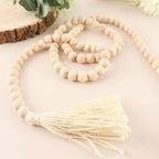 55" Cream Rustic Boho Chic Wood Bead Garland With Tassels, Farmhouse Country Wood Bead Chain - Bell Racket Store