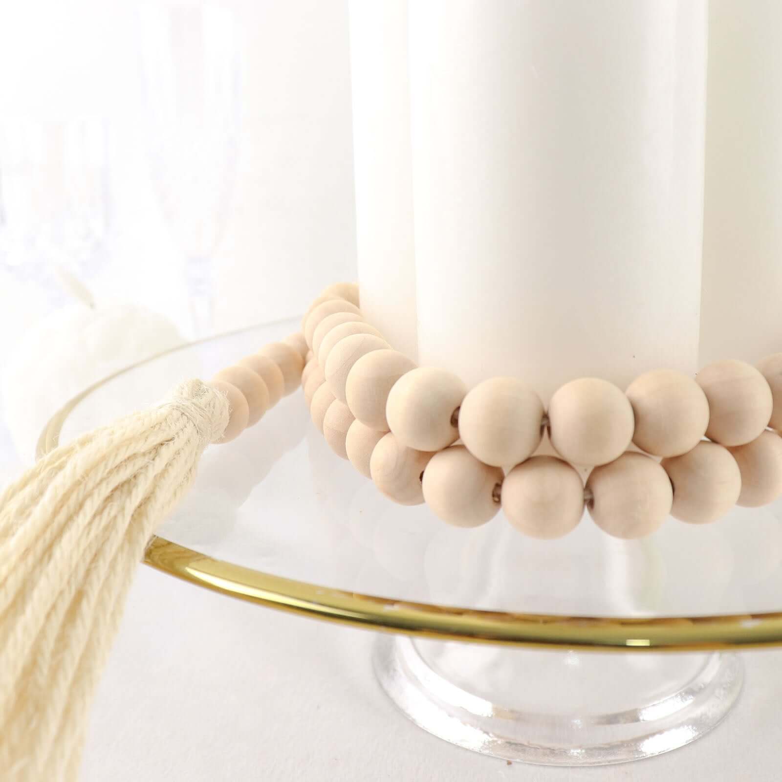 55" Cream Rustic Boho Chic Wood Bead Garland With Tassels, Farmhouse Country Wood Bead Chain - Bell Racket Store