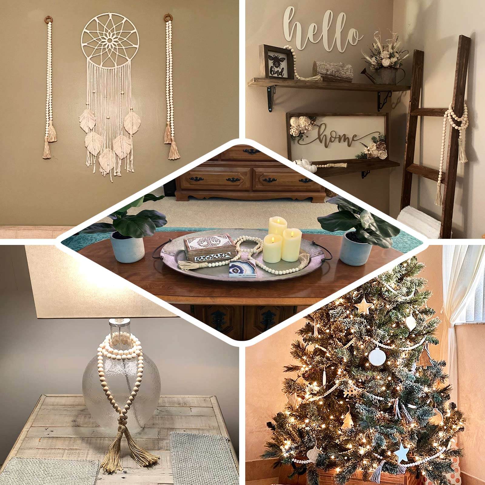 55" Cream Rustic Boho Chic Wood Bead Garland With Tassels, Farmhouse Country Wood Bead Chain - Bell Racket Store