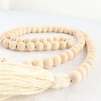 55" Cream Rustic Boho Chic Wood Bead Garland With Tassels, Farmhouse Country Wood Bead Chain - Bell Racket Store