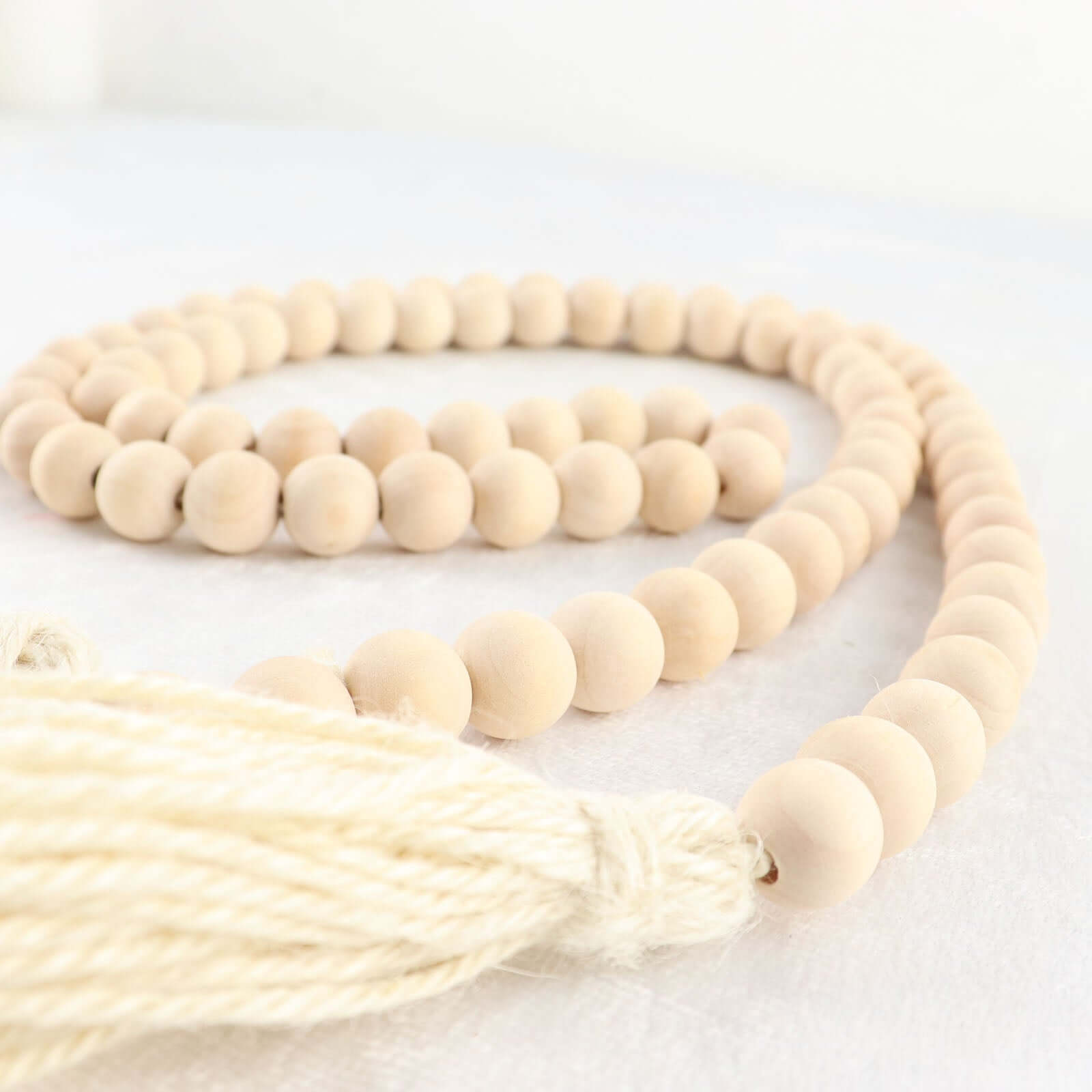 55" Cream Rustic Boho Chic Wood Bead Garland With Tassels, Farmhouse Country Wood Bead Chain - Bell Racket Store