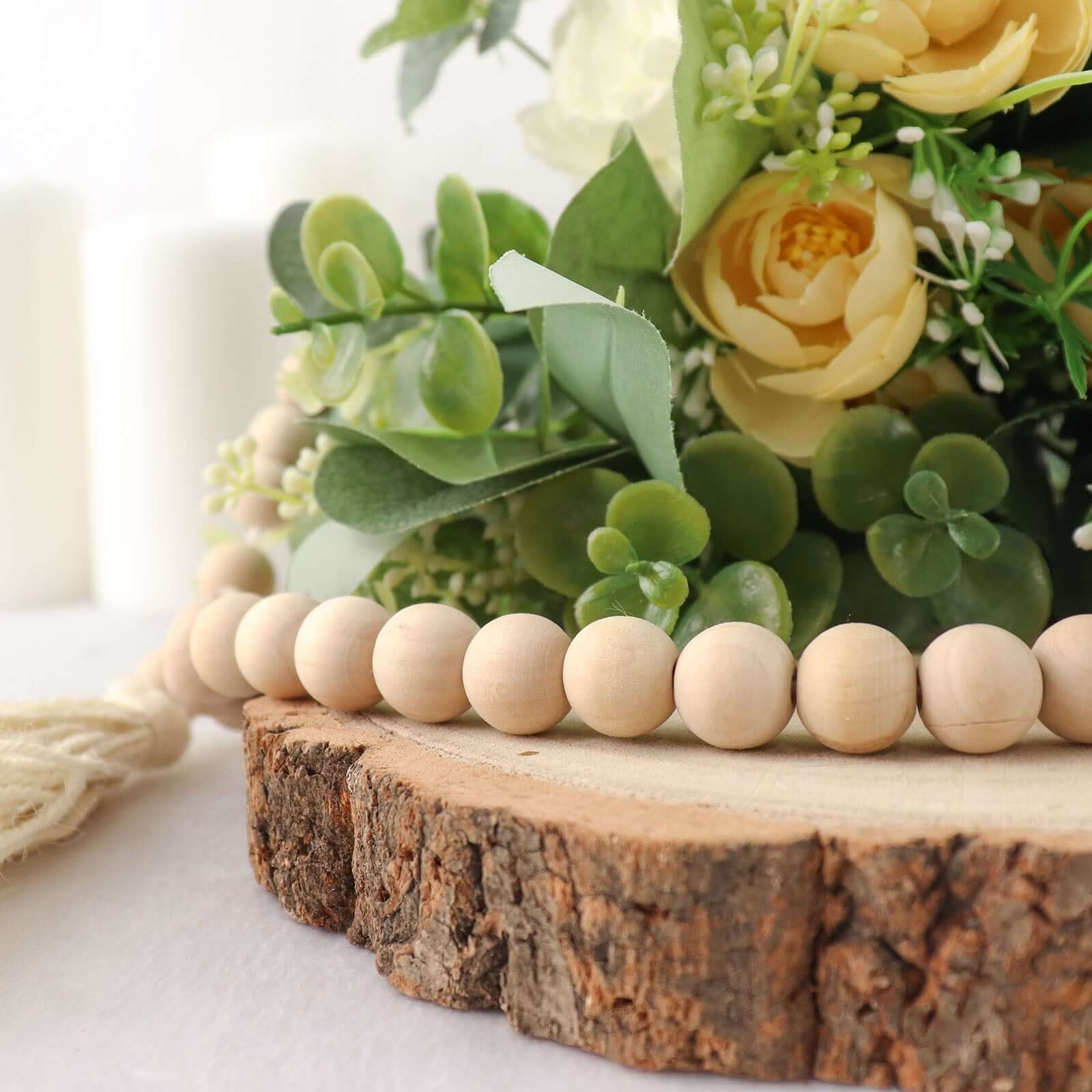 55" Cream Rustic Boho Chic Wood Bead Garland With Tassels, Farmhouse Country Wood Bead Chain - Bell Racket Store