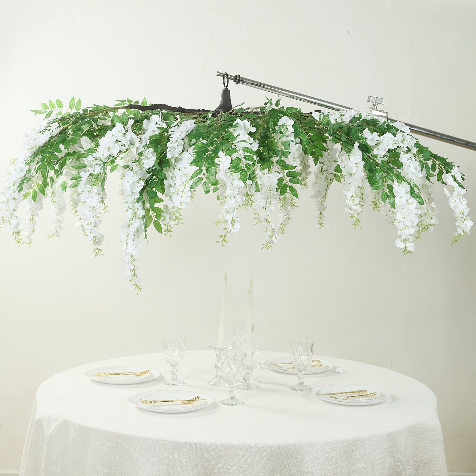 55" White Artificial Silk Wisteria Vine Round Hanging Canopy, Draping Garland Flower Chandelier With Interchangeable Branches - Bell Racket Store